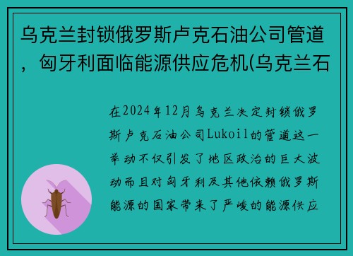 乌克兰封锁俄罗斯卢克石油公司管道，匈牙利面临能源供应危机(乌克兰石油储量)