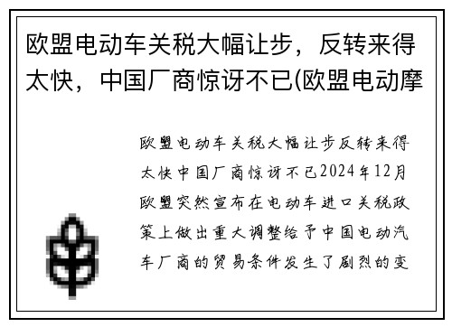 欧盟电动车关税大幅让步，反转来得太快，中国厂商惊讶不已(欧盟电动摩托车标准)