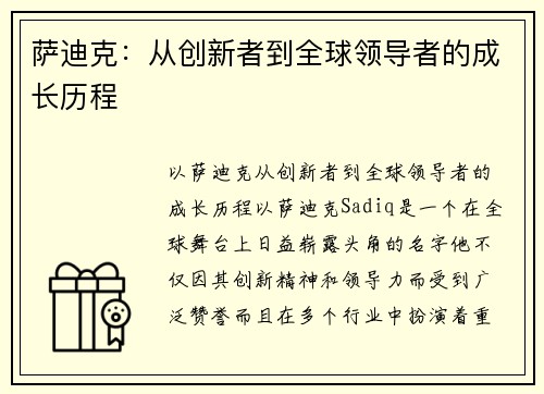 萨迪克：从创新者到全球领导者的成长历程